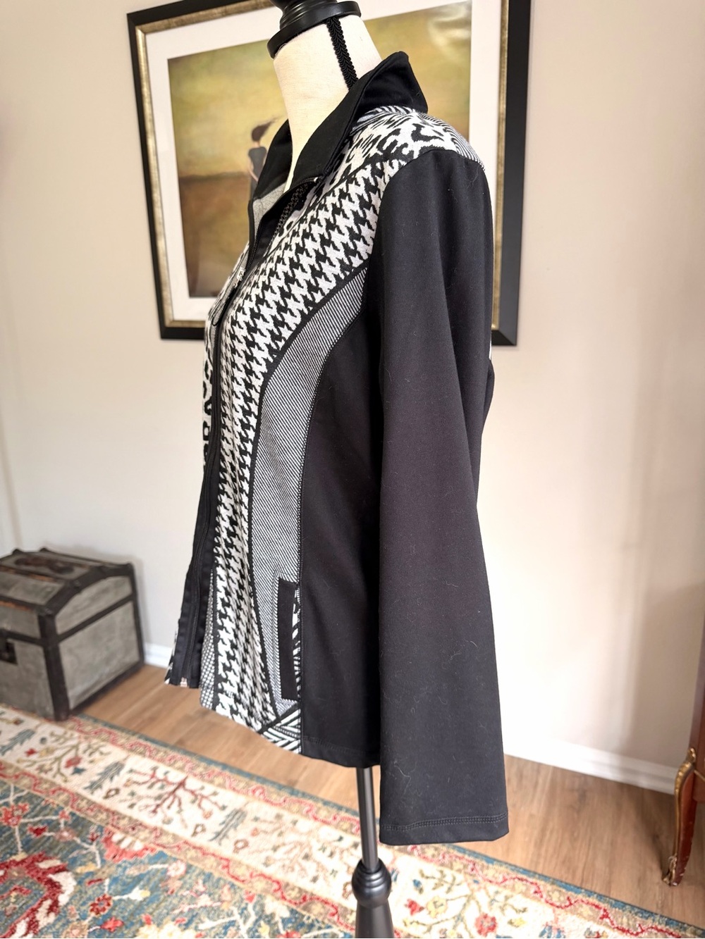 ONQUE Casuals Mixed Print Zip Jacket Leopard Houndstooth Black White - Picture 5 of 7